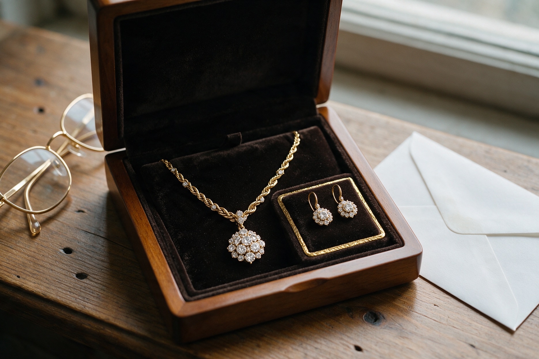 A gold and diamond necklace and earrings in an open jewellery box on a wooden table, beside reading glasses and an envelope.