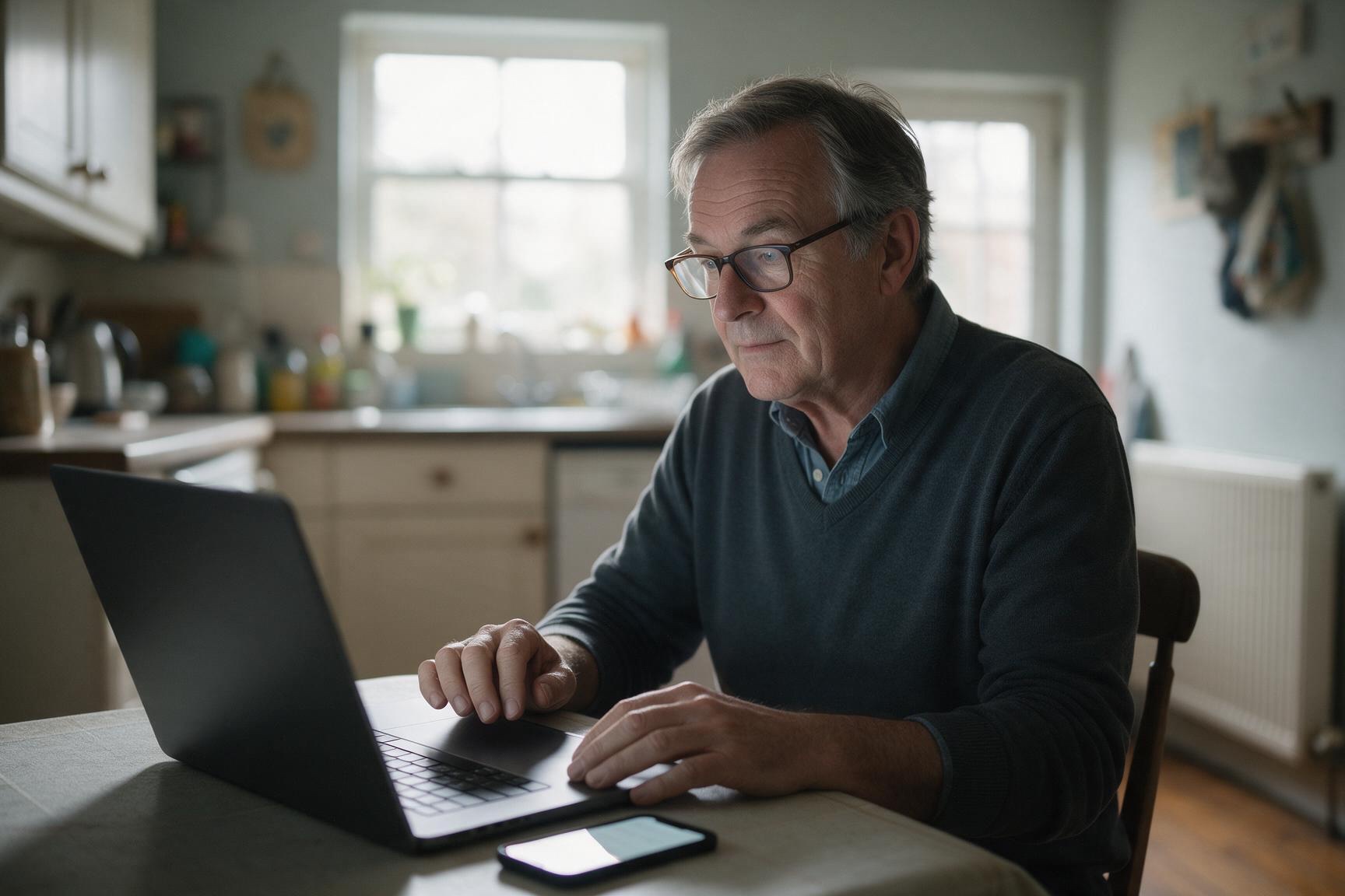 An older man at a kitchen table looking between a laptop and a phone with a careful expression.
