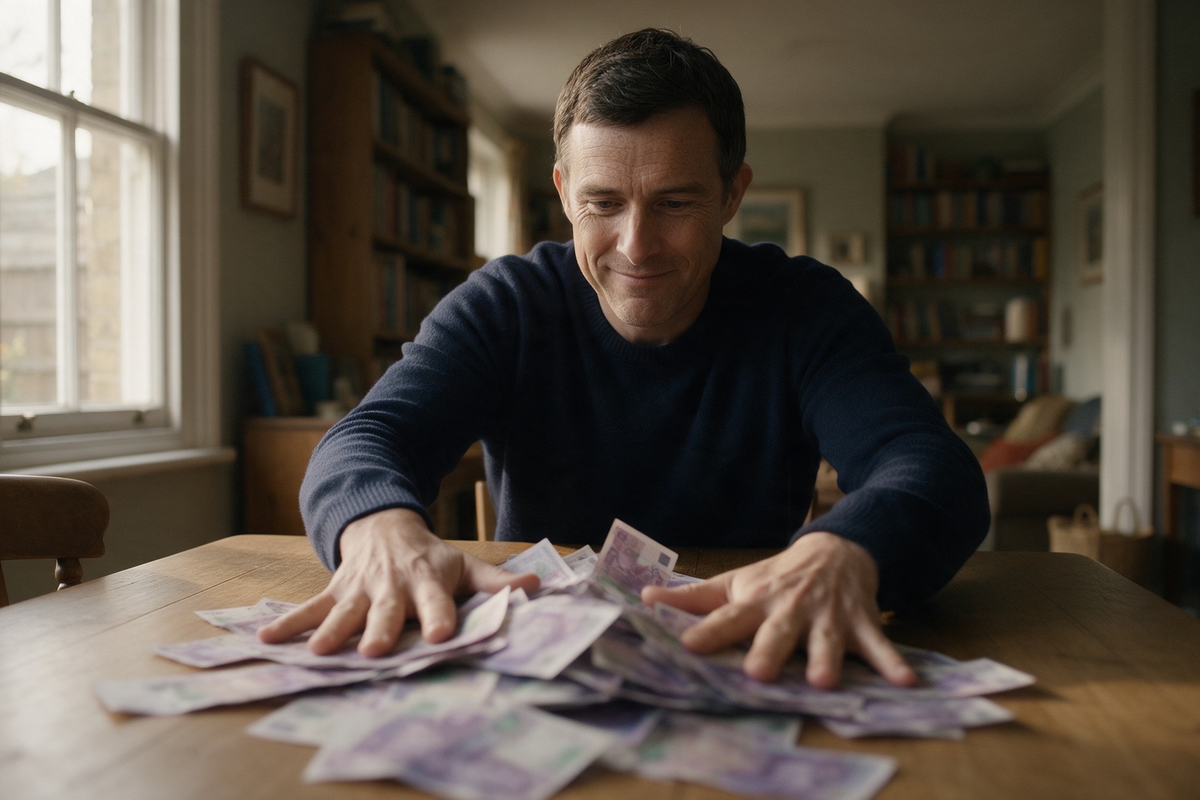 A man at a dining table sweeping a loose spread of purple banknotes towards himself with both hands.