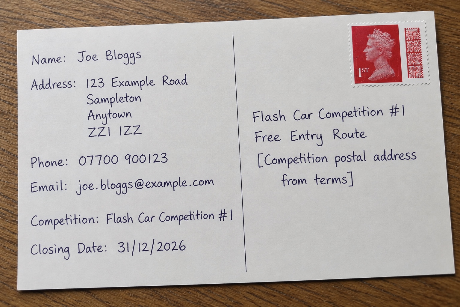Example of a completed postcard entry, with labels pointing to the name, address and postcode, phone number, email address, competition title and closing date. All the details are made up.
