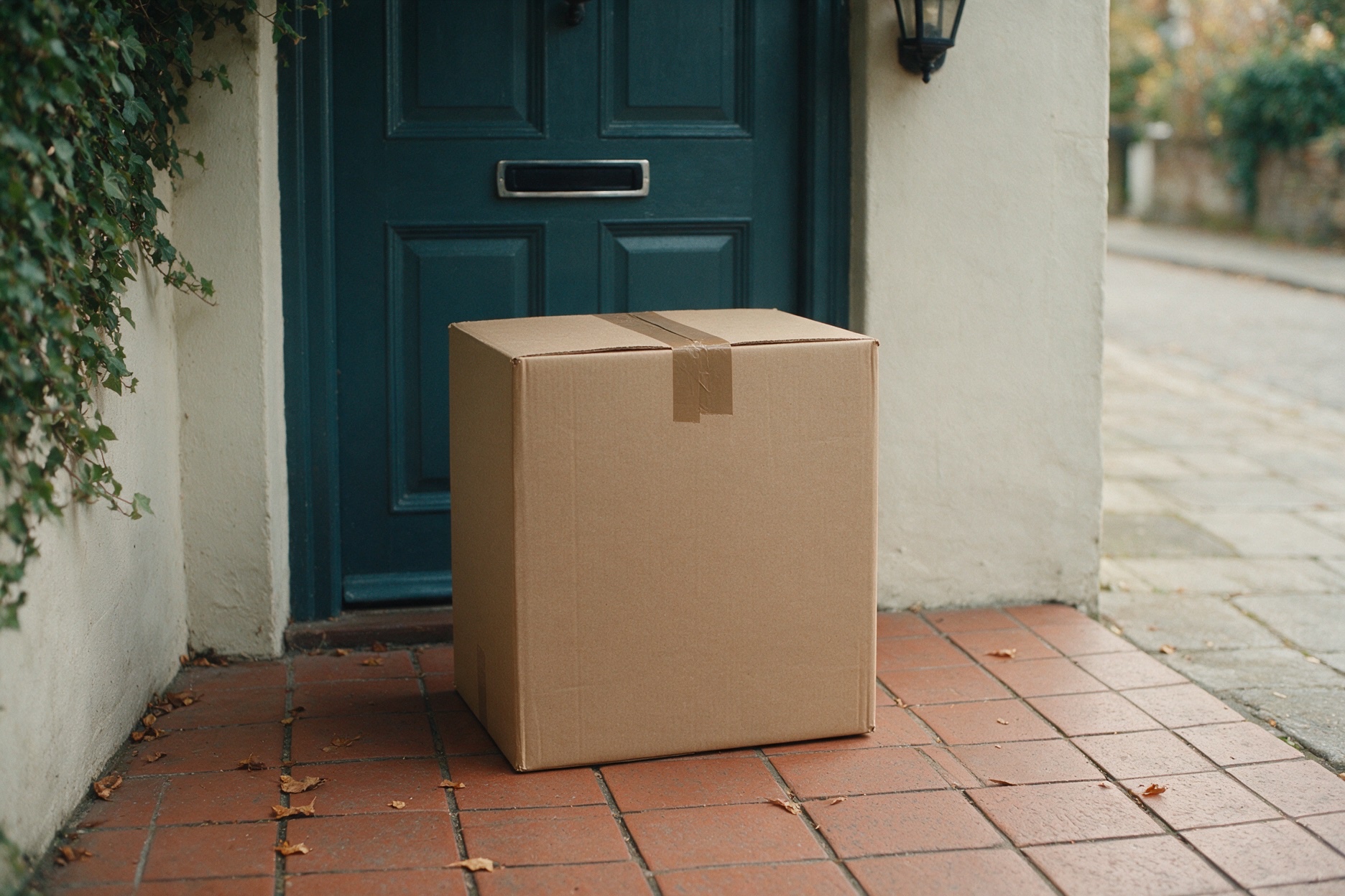 A large plain cardboard parcel on the doorstep of a UK house with a teal front door.