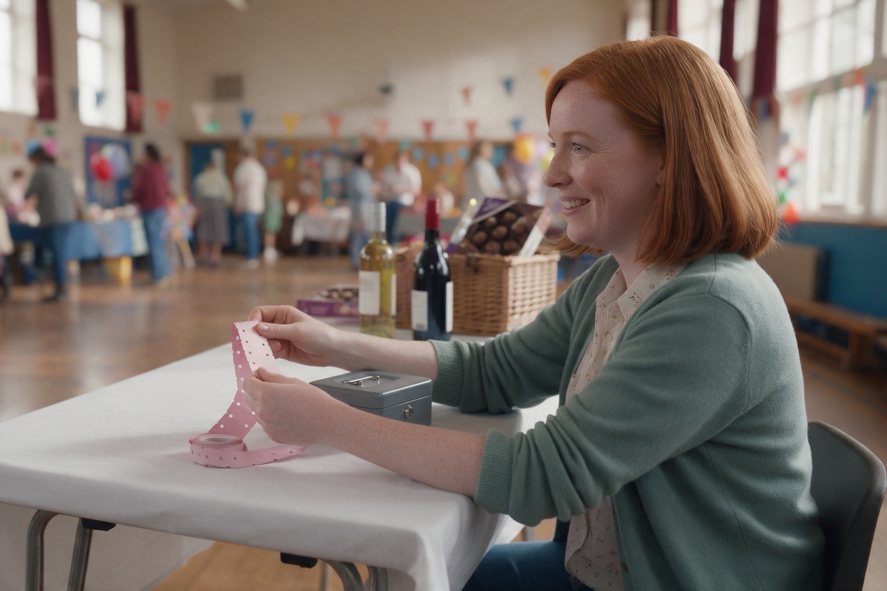 A red-haired woman in a sage-green cardigan sitting at a raffle table at a school fair, tearing off a strip of pink tickets beside a cash box and a few prizes.