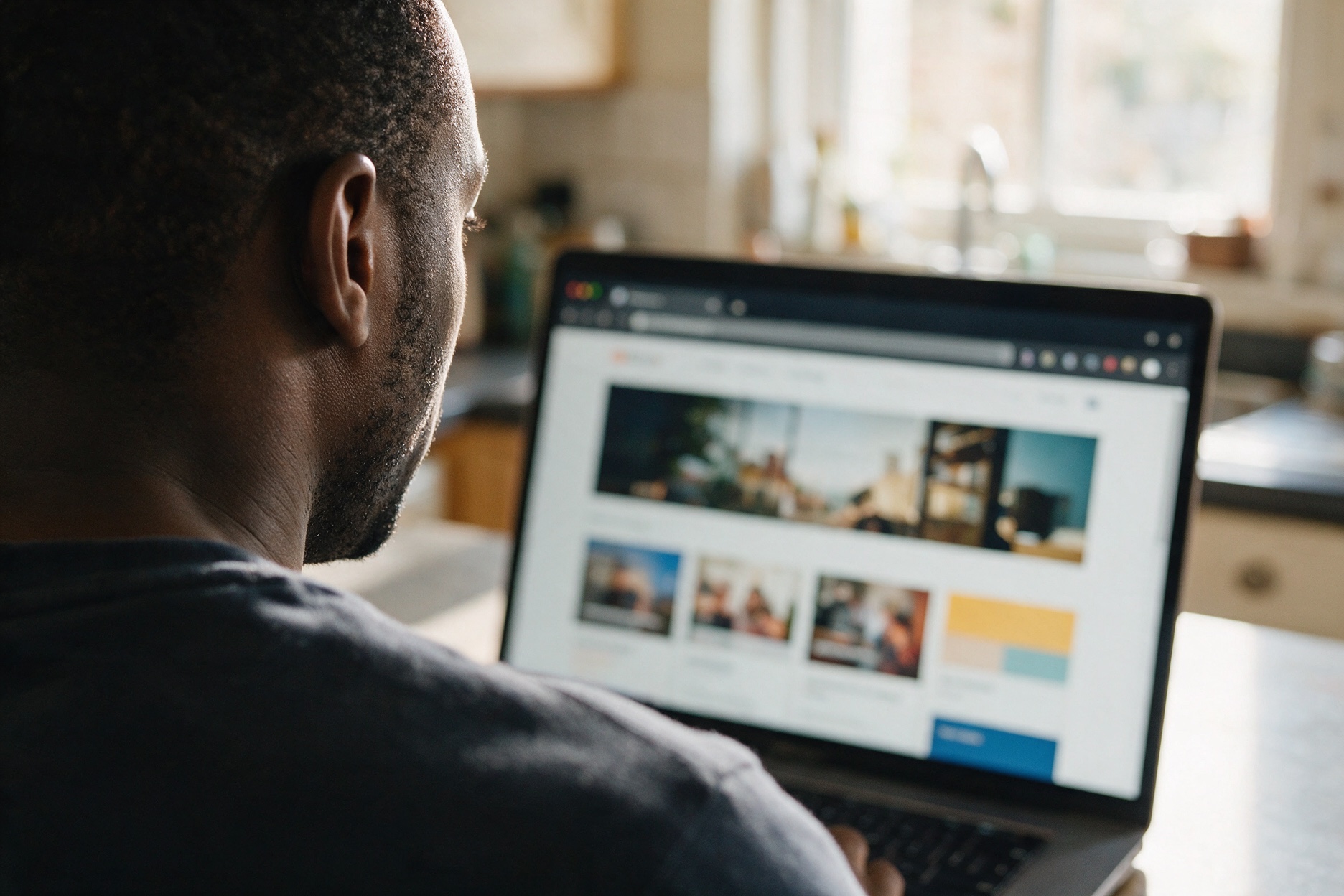 Over the shoulder view of a man at a kitchen counter looking at a website on his laptop.