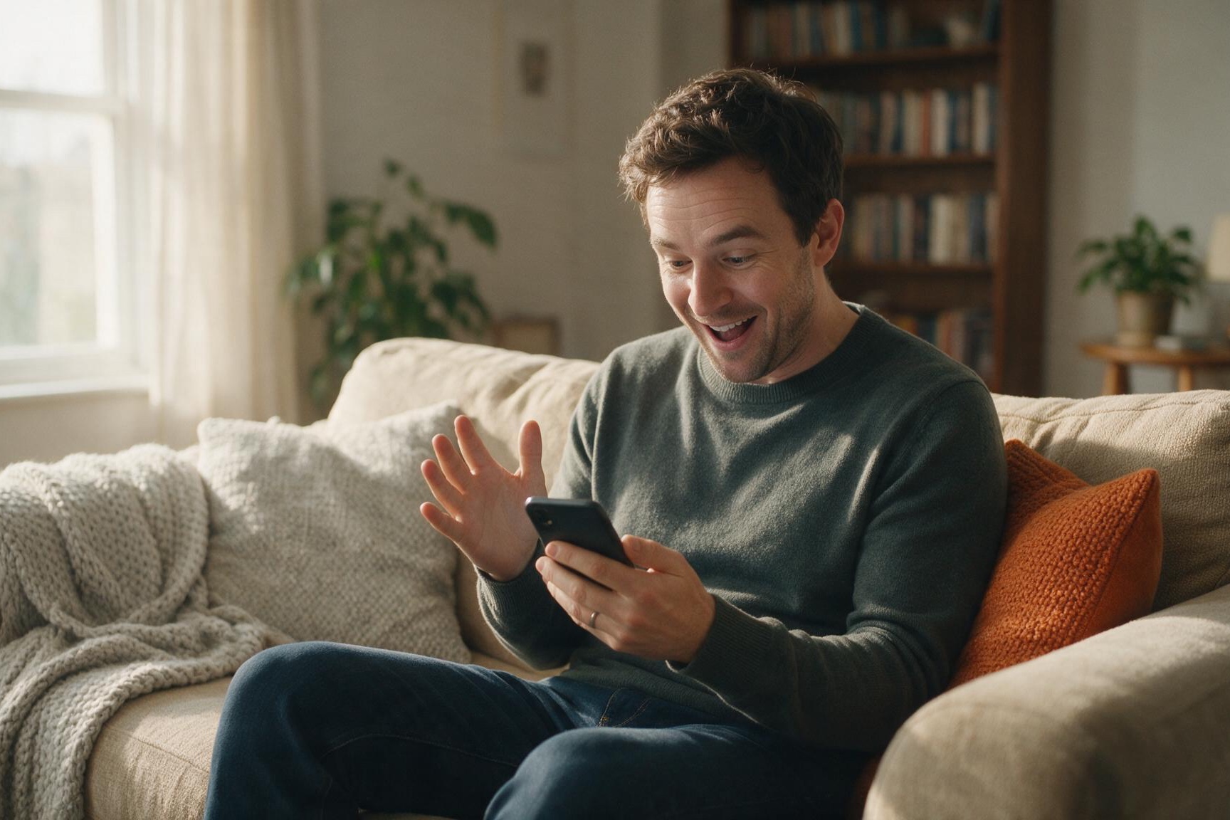 A man sitting on a sofa at home, reacting to news on his phone.